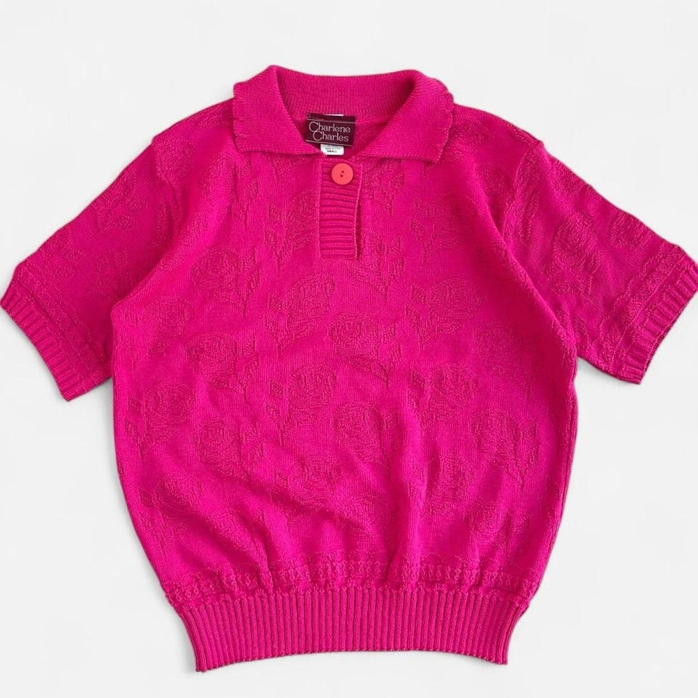 Vintage Charlene Charles Pink Collared Sweater Blouse With Rose Patterned Knit